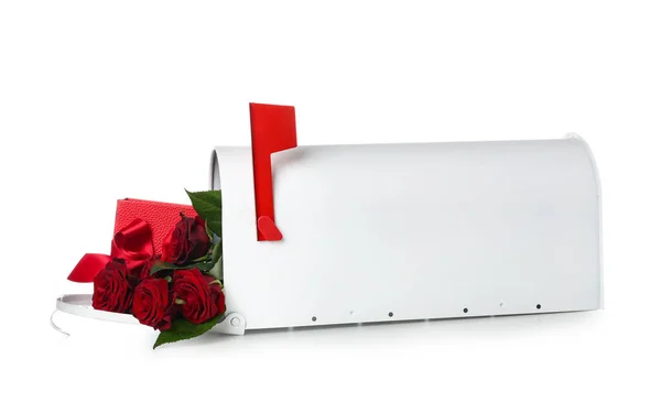 Mailbox Gift Roses White Background Valentine Day Celebration — Stock Photo, Image