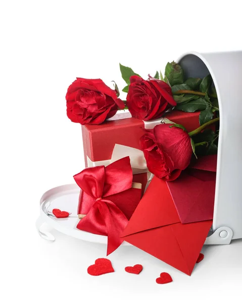 Mailbox Envelopes Gifts Roses White Background Valentine Day Celebration — Stock Photo, Image