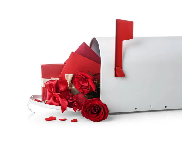 Mailbox Envelopes Gifts Roses White Background Valentine Day Celebration — Stock Photo, Image