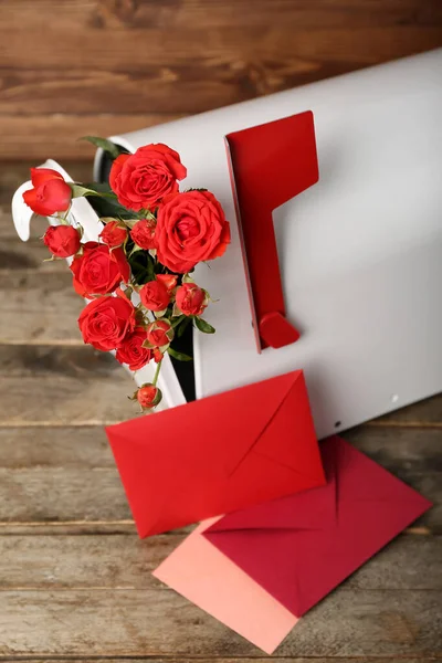 Mailbox Red Roses Letters Wooden Background Valentine Day Celebration — Stock Photo, Image