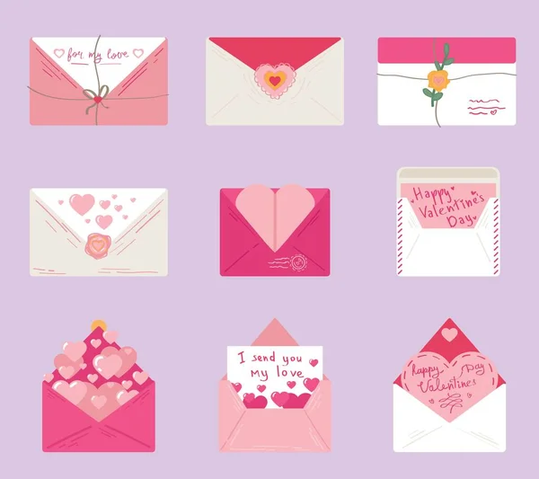 Conjunto Cartas Diferentes Para Dia Dos Namorados Fundo Lilás — Vetor de Stock