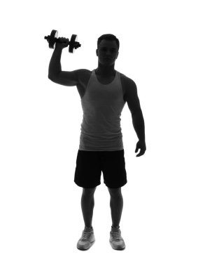 Beyaz arka planda dambılları olan genç bir adamın silueti.