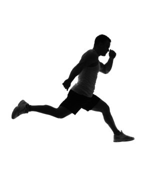 Beyaz arka planda atlayan genç adamın silueti.