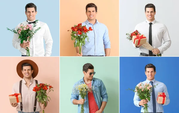 Collage of handsome young man with flowers and gifts on color background