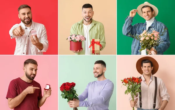 Collage of handsome young men with bouquet of flowers and gifts on color background