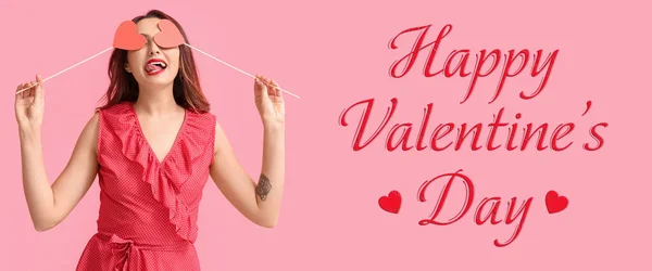 Baner Walentynki Seksowną Młodą Kobietą Różowym Tle — Zdjęcie stockowe