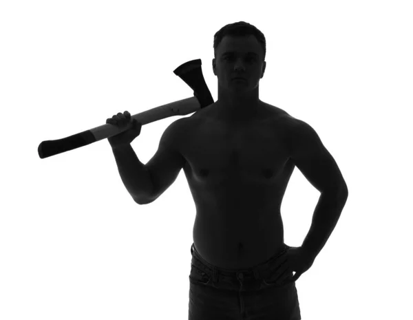 Silhouette Muscular Young Man Axe White Background — Stock Photo, Image
