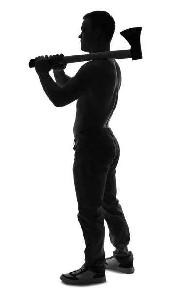 Silhouette Muscular Young Man Axe White Background — Stock Photo, Image