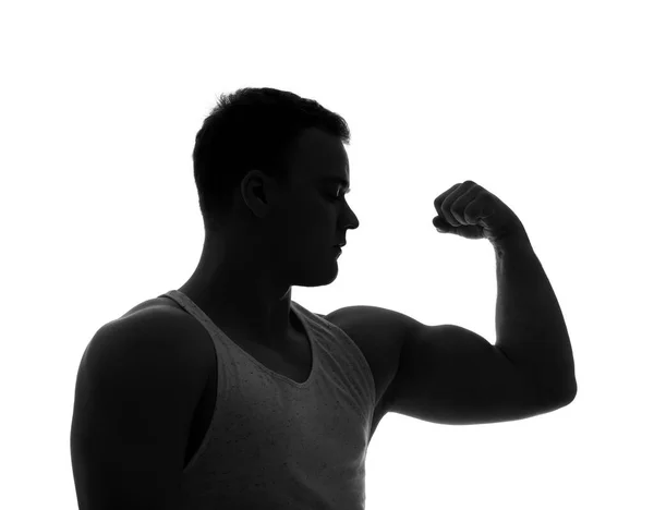 Silhouette Sporty Young Man Showing Muscles White Background — Stock Photo, Image