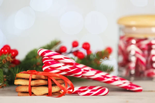 Tasty Candy Canes Christmas Cookies Decor Table — Stock Photo, Image