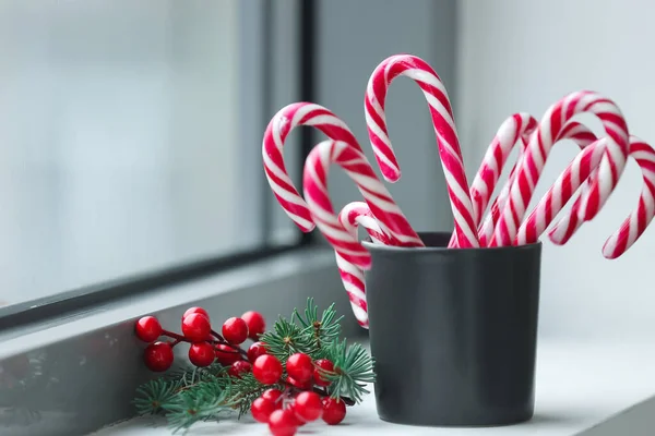 Cup Tasty Candy Canes Christmas Decor Windowsill — Stock Photo, Image