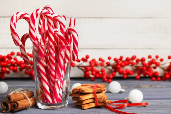 Glass Tasty Candy Canes Christmas Cookies Cinnamon Decor Color Wooden — Stock Photo, Image
