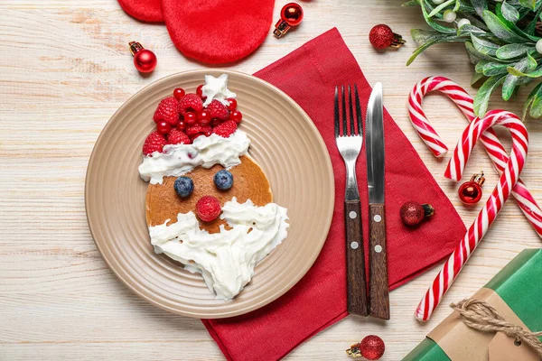 Composition Plate Tasty Santa Claus Pancake Christmas Decorations Candy Canes — Stock Photo, Image