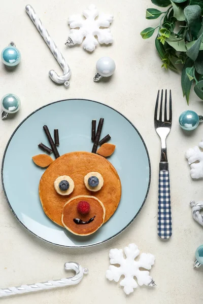 Plate Tasty Reindeer Pancakes Christmas Decorations Light Background — Stock Photo, Image