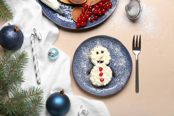 Plate Snowman Made Pancakes Whipped Cream Christmas Decor Beige Table — Stock Photo, Image