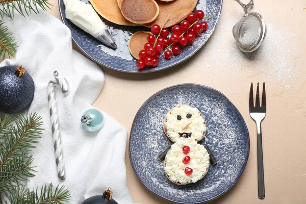 Plate Snowman Made Pancakes Whipped Cream Christmas Decor Beige Table — Stock Photo, Image