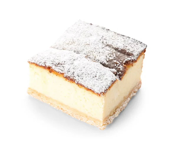 Piece Delicious Cheese Pie Sugar Powder White Background — Stock Photo, Image
