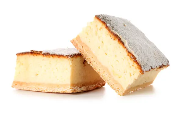 Pieces Delicious Cheese Pie Sugar Powder White Background — Stock Photo, Image