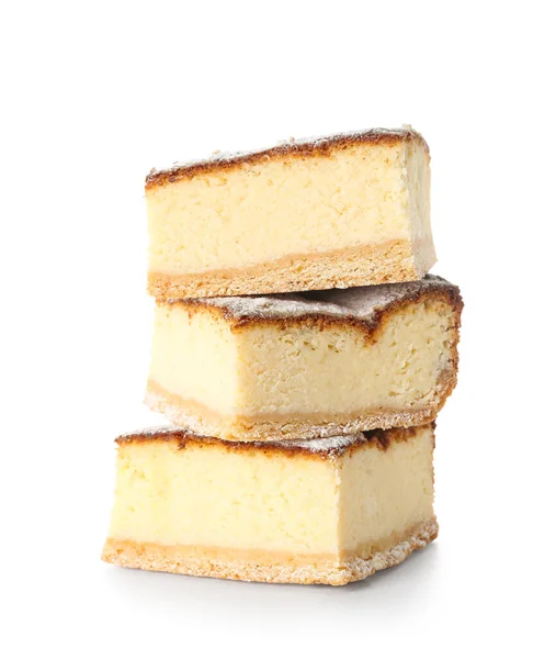 Pieces Delicious Cheese Pie Sugar Powder White Background — Stock Photo, Image
