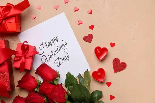 Card Text Happy Valentine Day Roses Gifts Beige Background — Stock Photo, Image