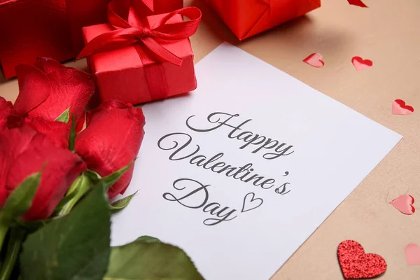 Card Text Happy Valentine Day Roses Gifts Beige Background Closeup — Stock Photo, Image