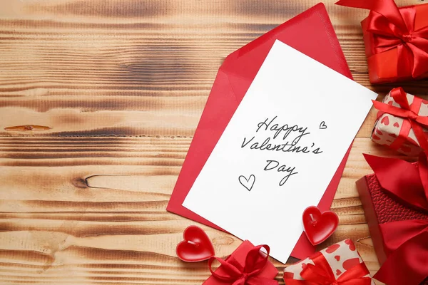 Card Text Happy Valentine Day Envelope Gifts Wooden Background — Stock Photo, Image