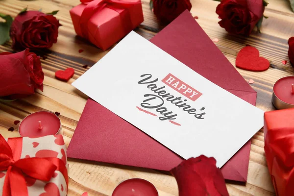 Card Text Happy Valentine Day Envelope Roses Gifts Wooden Background — Stock Photo, Image