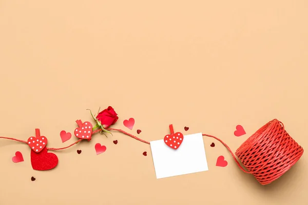 Rope Blank Card Rose Hearts Beige Background Valentine Day Celebration — Stock Photo, Image