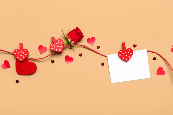 Rope Blank Card Rose Hearts Beige Background Valentine Day Celebration — Stock Photo, Image