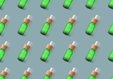 Gri arka planda birçok önemli yağ şişesi var. Tasarım için desen