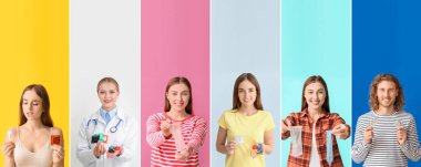 İnsanların ve jinekologların kolajı farklı doğum kontrol yöntemlerine sahip. Ulusal Kondom Haftası