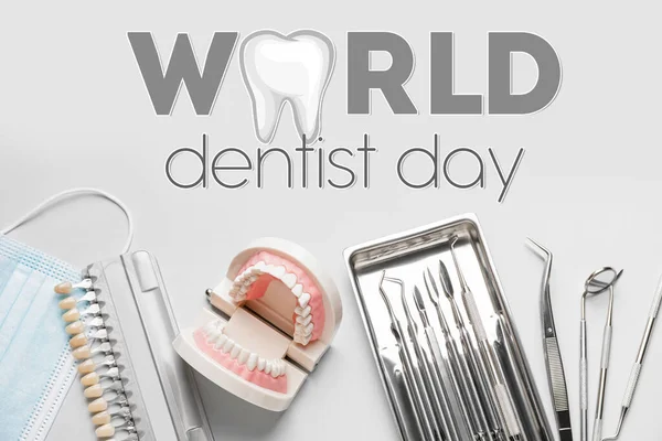 Card for World Dentist\'s Day with different tools on light background