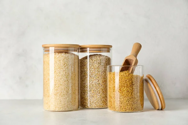 Jars Cereals Light Background — Stock Photo, Image