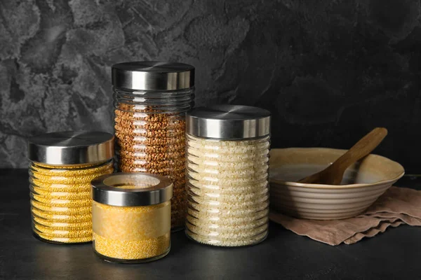 Glass Jars Cereals Dark Background — Stock Photo, Image