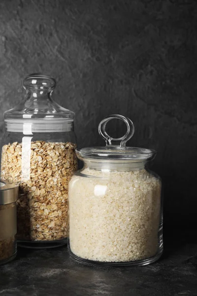 Jars Cereals Dark Background Closeup — Stock Photo, Image