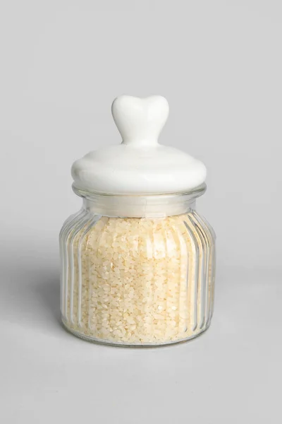 Glass Jar Rice White Background — Stock Photo, Image
