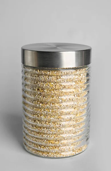Glass Jar Wheat Groats White Background — Stock Photo, Image