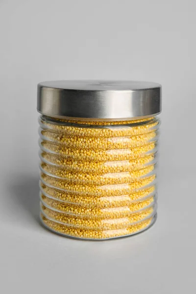 Glass Jar Millet White Background — Stock Photo, Image