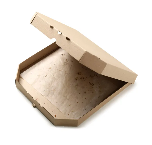 Empty Greasy Pizza Box White Background — Stock Photo, Image