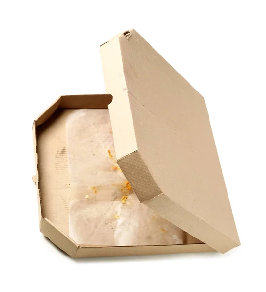 Empty Greasy Pizza Box Isolated White Background — Stock Photo, Image