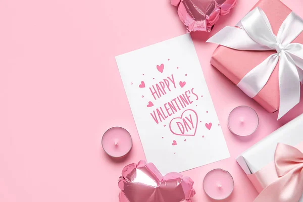 Card Text Happy Valentine Day Balloons Candles Gifts Pink Background — Stock Photo, Image