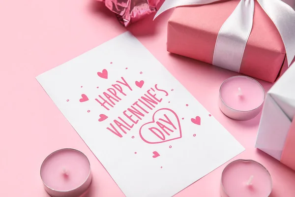 Card Text Happy Valentine Day Candles Gifts Pink Background Closeup — Stock Photo, Image
