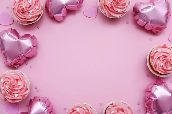 Frame Made Balloons Tasty Cupcakes Valentine Day Pink Background — Stock Photo, Image