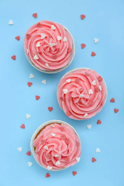 Tasty Cupcakes Hearts Valentine Day Blue Background — Stock Photo, Image