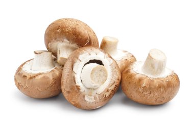 Beyaz arka planda taze şampiyon mantarları yığını