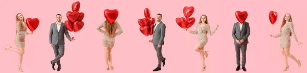 Set Young People Heart Shaped Balloons Pink Background Valentine Day — Stock Photo, Image