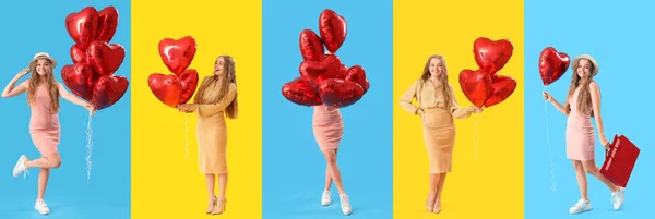 Conjunto Mulher Bonita Com Balões Forma Coração Fundo Cor Celebração — Fotografia de Stock