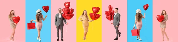 Conjunto Jovens Com Balões Forma Coração Sobre Fundo Colorido Celebração — Fotografia de Stock