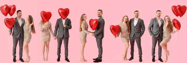 Set Happy Young Couple Heart Shaped Balloons Pink Background Valentine — Stock Photo, Image