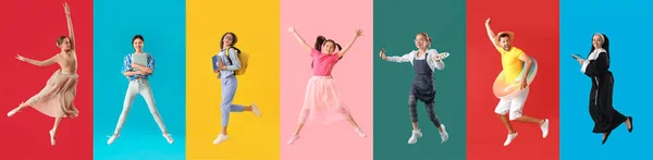 Collection of jumping people on color background